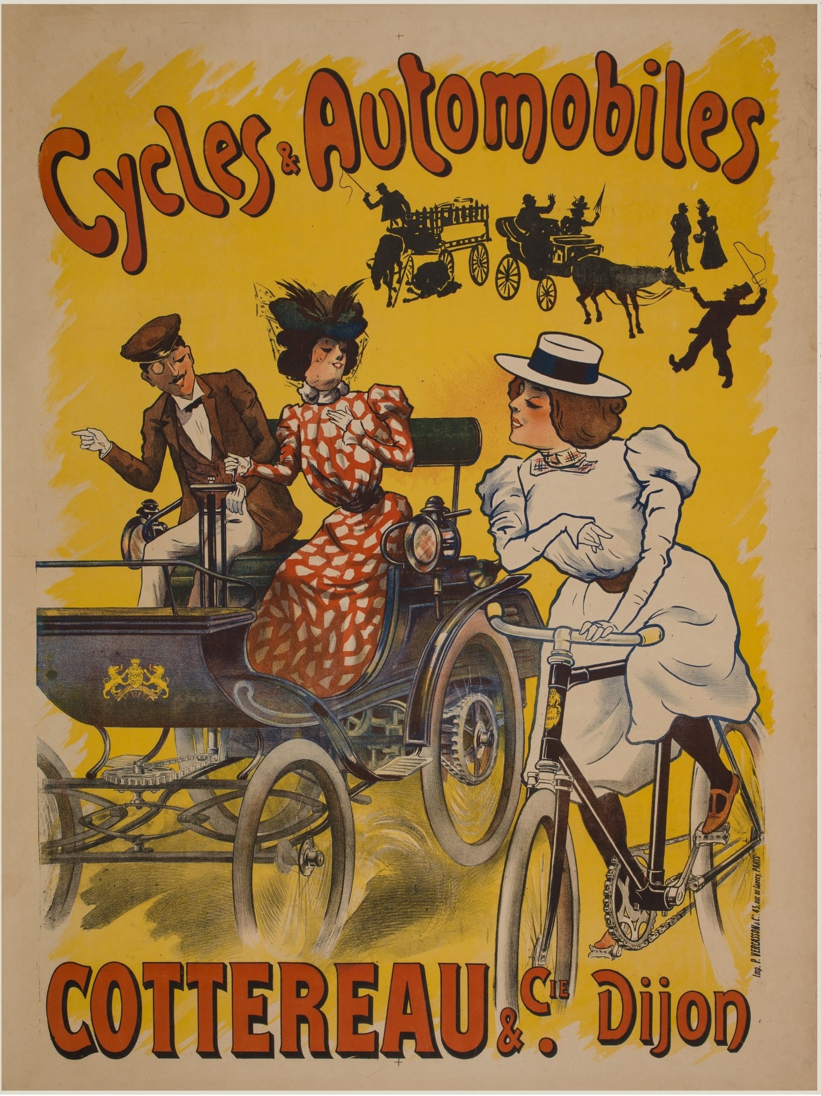 Plakat zur Förderung von Fahrrädern und Automobilen in Cottereau und Dijon, Frankreich, mit Menschen auf Fahrrädern und einer Kutsche