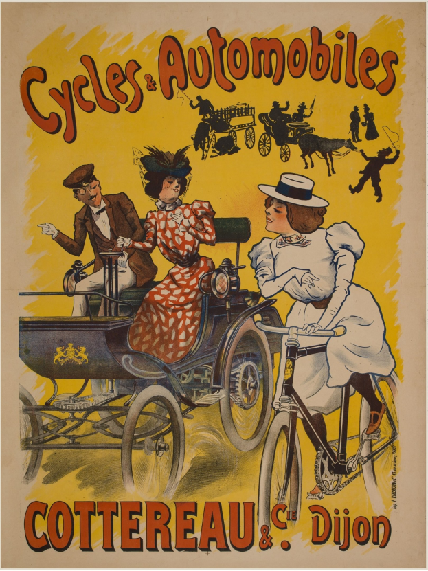 Plakat zur Förderung von Fahrrädern und Automobilen in Cottereau und Dijon, Frankreich, mit Menschen auf Fahrrädern und einer Kutsche