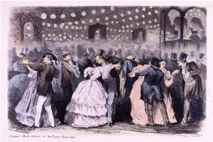 Eine Gruppe von Menschen, die in einem Ballsaal tanzen, mit beleuchteten Wänden und einem Text unten, der 'Madame Baille Nacional en la Campagne Bleuet, 1860' lautet.