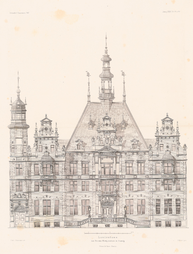 Ein detailliertes Bild des Landhauses in Dresden, Deutschland, mit einem großen Gebäude mit einem Uhrenturm, detaillierten Fenstern, Türen und einer Treppe, die zum Eingang führt, mit begleitendem Text, der seine architektonischen Merkmale beschreibt.