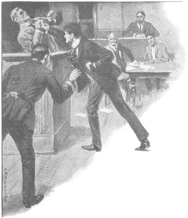 Ein Schwarz-Weiß-Zeichnung eines Mannes in einem Anzug, der von einem anderen Mann gezogen wird, mit einigen Menschen auf Stühlen im Hintergrund und einem Tisch mit Papieren darauf. Unten auf dem Bild steht ein Text, der lautet: "Victor Hugo Münster - der Prozess des Prozesses".