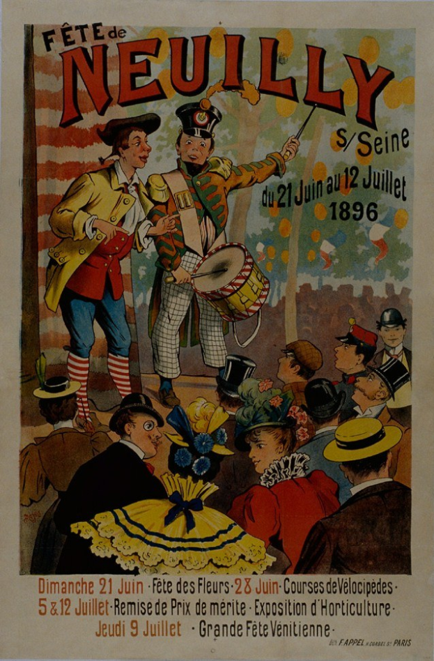 Buntes Plakat zum Pariser Karneval mit kostümierten Menschen, Hüten und einer Person mit Musikinstrument, sowie Text.
