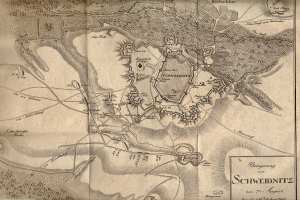 Alte detaillierte Karte von Schweidnitz, Deutschland, mit Straßen, Gebäuden und Sehenswürdigkeiten, begleitet von Text, der die Bevölkerung, Geschichte und Kultur der Stadt beschreibt.