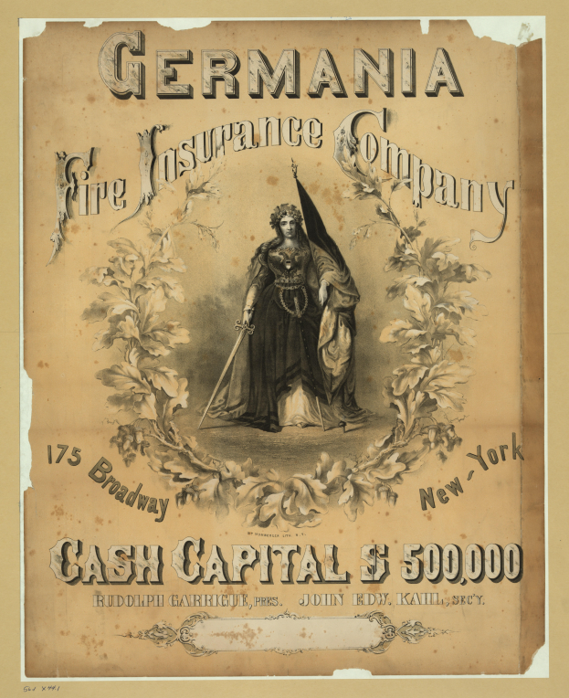Eine Werbung für die Germania-Feuer-Versicherungsgesellschaft aus vergangenen Zeiten, die ein zentrales Bild einer Frau zeigt, mit Texten, die die Dienstleistungen der Gesellschaft beschreiben.