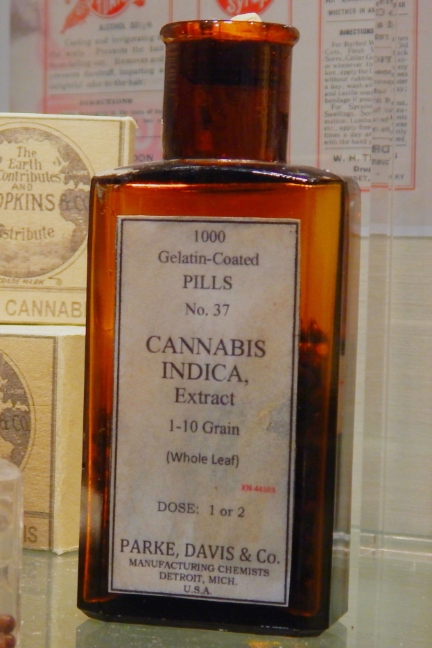 Flasche mit Cannabis indica Extrakt auf einem Glastisch mit Etikett und Begleitbox, umgeben von Papieren mit Text im Hintergrund.