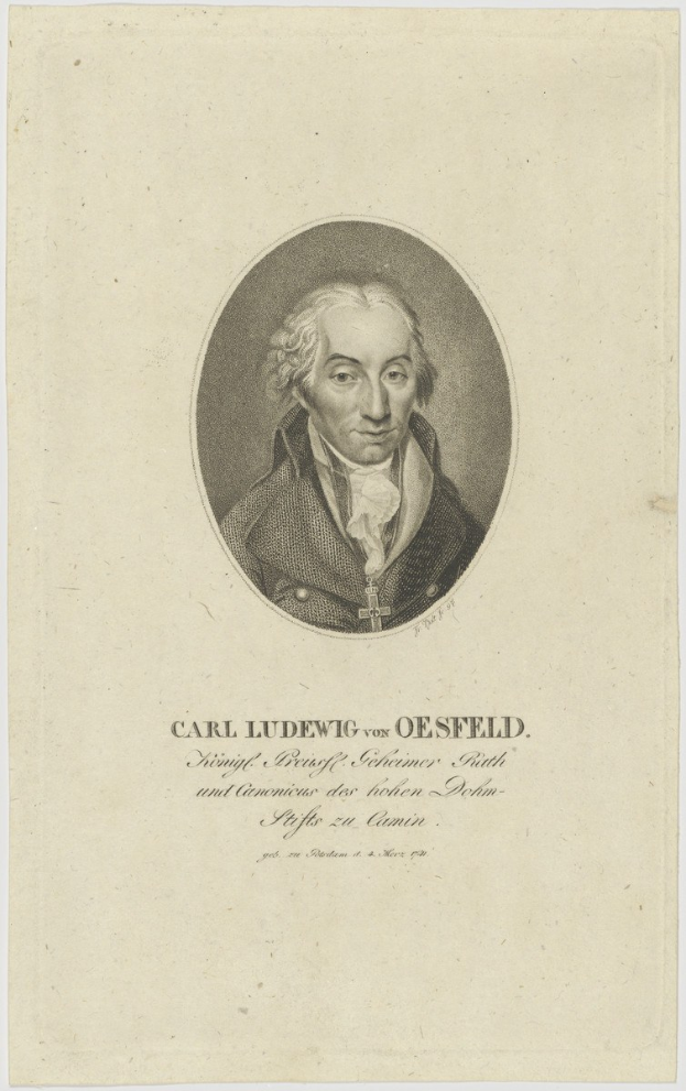 Porträt von Carl Ludwig von Oesfeld, ein Mann mit ernster Miene, der einen Anzug und eine Krawatte trägt und seine Hände vor der Brust verschränkt, während er direkt in die Kamera blickt.