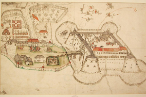 Eine stilisierte Karte von Auschwitz-Birkenau, Polen, mit einer zentral gelegenen Burgen-ähnlichen Struktur, umgeben von Gebäuden, Bäumen und Menschen, die sie beobachten, mit der Beschriftung "Auschwitz-Birkenau, Polen" unten.