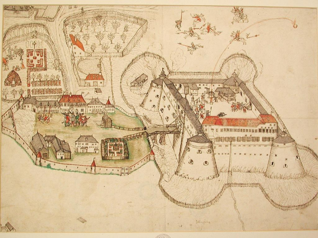 Eine stilisierte Karte von Auschwitz-Birkenau, Polen, mit einer zentral gelegenen Burgen-ähnlichen Struktur, umgeben von Gebäuden, Bäumen und Menschen, die sie beobachten, mit der Beschriftung "Auschwitz-Birkenau, Polen" unten.