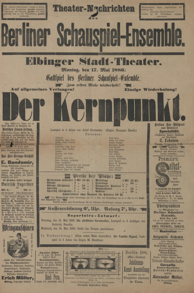 Alte Zeitungsannonce für das Berliner Schauspiel-Ensemble mit einem Mann im Anzug und Krawatte.