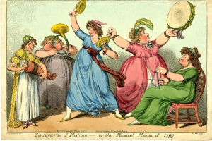 Eine Gruppe von Frauen in bunten Kleidern, die Musikinstrumente spielen, mit einer Frau in der Mitte auf einem Stuhl sitzend, und Text unten, der 'Savoyards der Mode oder die musikalische Manie von 1799' lautet.
