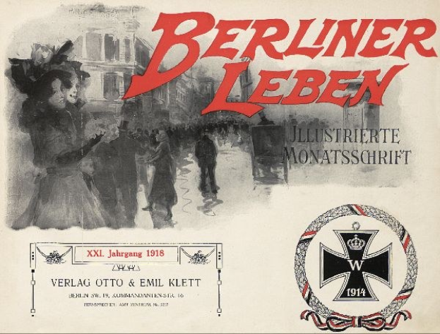 Altes Buchcover mit dem Text "Berliner Leben", einem deutschen Militärlogo und einem Bild einer feiernden Gruppe.