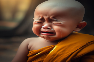 Ein Baby, das weint und Tränen über das Gesicht laufen, mit geschlossenen Augen und offenem Mund vor einem unscharfen Hintergrund.