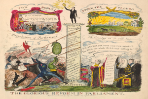 Ein buntes Papier mit fetter Schrift und Bildern von verschiedenen, lächelnden Menschen, die eine Parlamentsreform mit Hoffnung und Optimismus darstellen.