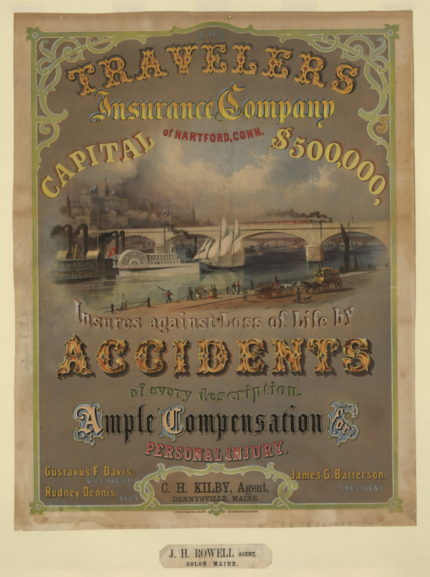 Werbeplakat für die Traveler's Insurance Company of Hartford, Connecticut, mit Booten, einer Brücke und Gebäuden mit Text, der Reiseversicherungsdienstleistungen anbietet.