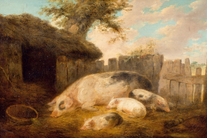 Ein Gemälde mit dem Titel "Schweine und Ferkel auf einem eingezäunten Hof" von William Hogarth, das drei Schweine in einem Stall zeigt, der von einem hölzernen Zaun umgeben ist, mit einem Baum und einem bewölkten Himmel im Hintergrund.