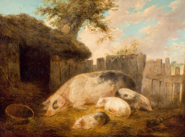 Ein Gemälde mit dem Titel "Schweine und Ferkel auf einem eingezäunten Hof" von William Hogarth, das drei Schweine in einem Stall zeigt, der von einem hölzernen Zaun umgeben ist, mit einem Baum und einem bewölkten Himmel im Hintergrund.