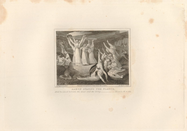 Schwarz-weißer Stich "Aaron hält die Pest auf" zeigt eine Gruppe verzweifelter Menschen auf einem Feld unter einer untergehenden Sonne.