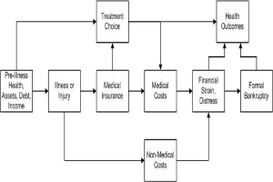 Flussdiagramm, das verschiedene Arten medizinischer Kosten zeigt, die mit Vorerkrankung, Gesundheit und Gesundheit verbunden sind, mit beschrifteten Stufen und Interaktionen.