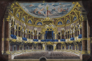 Ein Gemälde eines Theaterinneren mit einer prächtigen, kunstvoll verzierten Decke, geschmückten Wänden mit Säulen, Geländern und Vorhängen und einem Teppichboden, gekrönt von einem weiteren Gemälde.