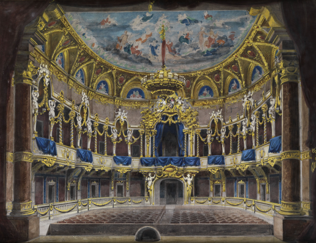 Ein Gemälde eines Theaterinneren mit einer prächtigen, kunstvoll verzierten Decke, geschmückten Wänden mit Säulen, Geländern und Vorhängen und einem Teppichboden, gekrönt von einem weiteren Gemälde.