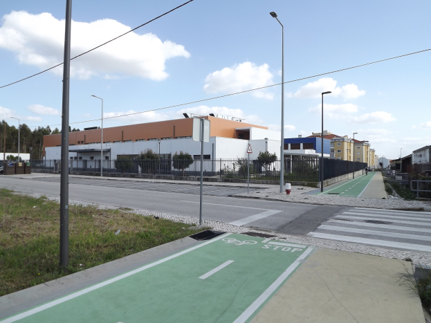 Eine Stadtstraße mit einer zentralen grünen Fahrradspur, gesäumt von Gras, Pfählen, Laternen, Schildern, Zäunen, Pflanzen, Bäumen und Gebäuden unter einem bewölkten Himmel.