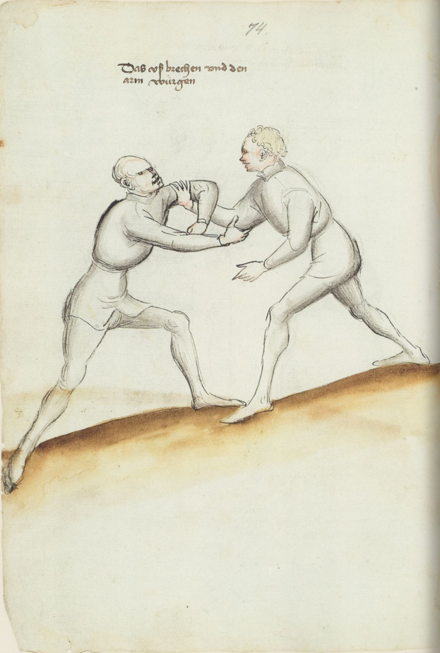 Zwei Männer in einer körperlichen Auseinandersetzung, einer wirft einen Schlag auf den anderen, der auf Papier mit Text steht.