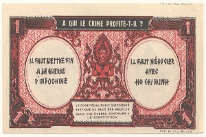 Alte französische Banknote mit ernstem Mann im Anzug vor weißem Hintergrund mit schwarzem Rand, Text lautet "A qui le crime profite-il?".