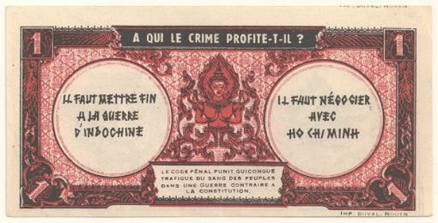 Alte französische Banknote mit ernstem Mann im Anzug vor weißem Hintergrund mit schwarzem Rand, Text lautet "A qui le crime profite-il?".