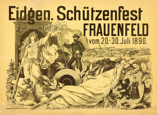 Plakat zum Eidgen Schützenfest in Frauenfeld, Deutschland, mit einem Mann im Anzug und einer Frau im Kleid nebeneinander und Veranstaltungseinzelheiten.