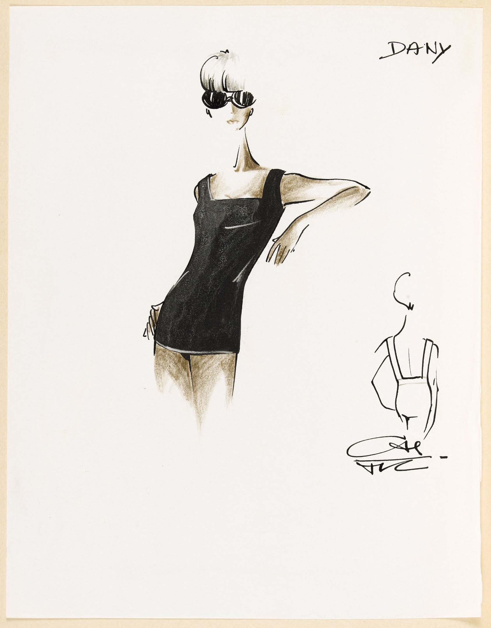 Eine Skizze einer Frau in einem hochgeschlossenen, langärmligen schwarzen Kleid mit klassischen Aviator-Sonnenbrille, gestylt in einem sleeken Bob, der selbstbewusst mit geschlossenen Augen und leicht geöffneten Lippen steht.