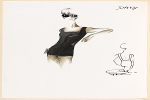 Eine Skizze einer Frau in einem hochgeschlossenen, langärmligen schwarzen Kleid mit klassischen Aviator-Sonnenbrille, gestylt in einem sleeken Bob, der selbstbewusst mit geschlossenen Augen und leicht geöffneten Lippen steht.