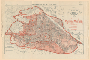 Ein detaillierter alter Stadtplan von Wien, Deutschland, der Straßen, Gebäude, Sehenswürdigkeiten und Texte zeigt, die Informationen über die Bevölkerung, Straßen und Sehenswürdigkeiten liefern.