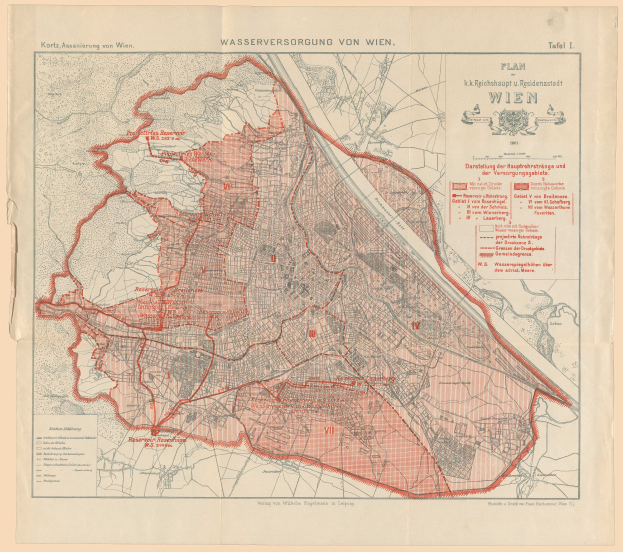 Ein detaillierter alter Stadtplan von Wien, Deutschland, der Straßen, Gebäude, Sehenswürdigkeiten und Texte zeigt, die Informationen über die Bevölkerung, Straßen und Sehenswürdigkeiten liefern.
