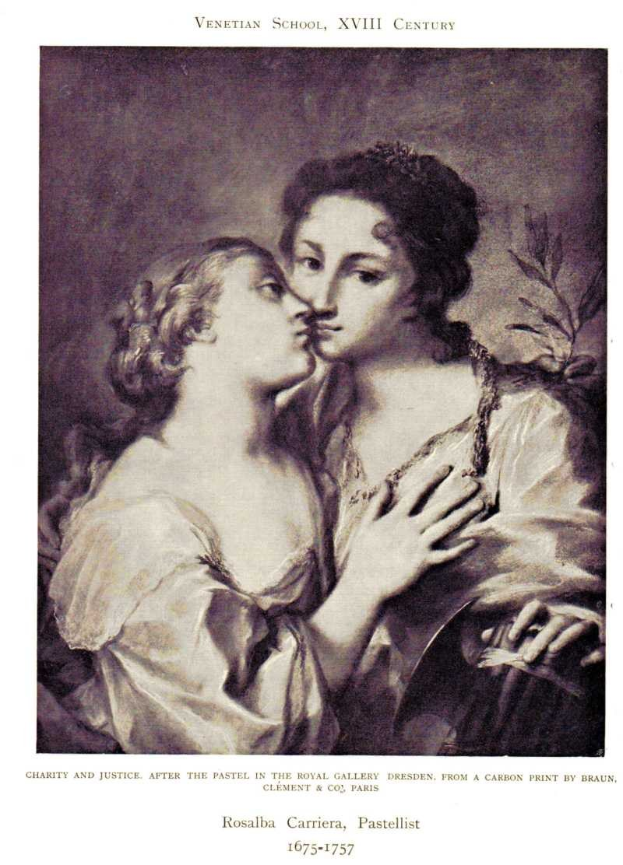 Plakat mit zwei Frauen, eine küsst die andere, mit Text unten: 'Barmherzigkeit und Gerechtigkeit nach dem Pastell in der Königlichen Galerie, Dresden, aus einem Kohledruck von Braun'.