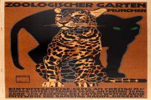 Plakat für einen Münchner Zoo mit Bildern einer Leopardin und einer Hauskatze und Text mit Zooinformationen.