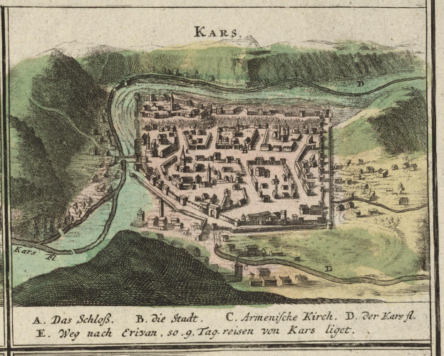 Alte Karte von Karlsruhe, Deutschland, die Gebäude, Bäume, Hügel und einen gewundenen Fluss zeigt, mit Text auf einem Papier am unteren Rand.