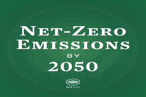 Ein grüner Hintergrund mit der fettgedruckten weißen Schrift "net-zero Emissionen bis 2050".