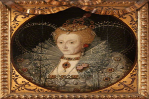 Porträt der Königin Elizabeth I. von England in einem weißen Kleid mit blauer Schärpe, die eine Krone trägt und ihre Hände vor sich hält, gemalt im realistischen Stil mit leuchtenden Farben und detaillierten Elementen.