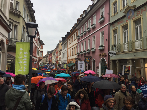 Große Gruppe von Menschen mit Schirmen auf der Straße, einige tragen Taschen und halten Schilder, vor Gebäuden mit einem Laternenpfahl im Vordergrund während eines Klimastreiks in Deutschland.