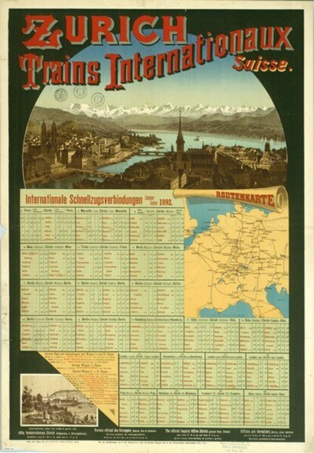 Schwarzes und weißes Plakat, das die Zürcher Bahnen Internationalaux mit einer Stadtkarte, Gebäuden, Wasser, Bergen und Text ankündigt.