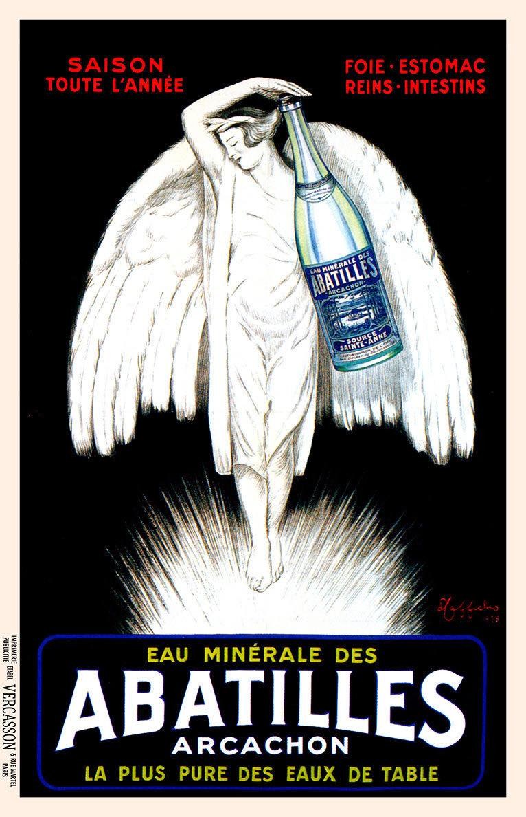Vintage French advertising poster for Abatilles Arcachon featuring a winged woman holding a bottle of sparkling mineral water with promotional text.
