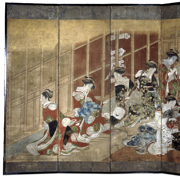 Ein japanisches Vier-Paneel-Bild aus der Meiji-Zeit, das Frauen in Kimonos zeigt, die in einem Kreis stehen, wobei eine Frau in der Mitte die Arme ausstreckt.