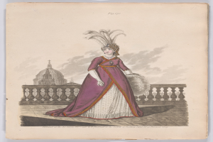 Frau in einem purpurweißen Kleid mit einer Federhaube, die an einem Geländer steht, mit einem Gebäude und Wolken im Hintergrund, beschriftet mit 'Mode von New York, New Yorker Straße, 1790.'