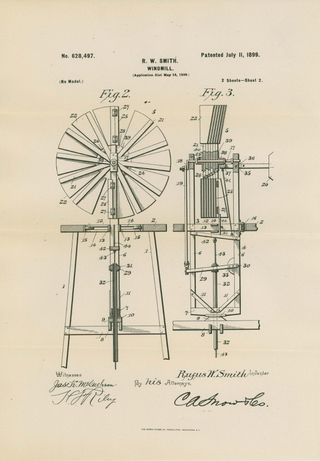 Eine detaillierte Zeichnung einer Windmühle auf Papier, einschließlich ihrer Räder, Flügel und anderer Komponenten, mit begleitendem Text.