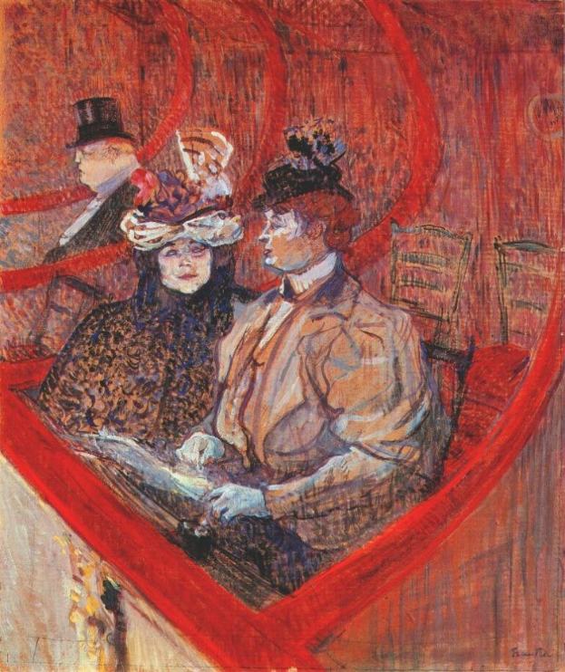Gemälde mit dem Titel "Die Oper" von Edouard Manet, das zwei formell gekleidete Personen an einem Tisch in einem Raum mit gemustertem Tapeten und einer Stadtansicht durch ein großes Fenster zeigt, während eine weitere Person im Hintergrund steht.