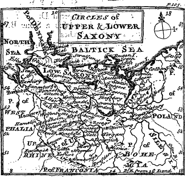 Schwarze und weiße Karte von Ober- und Niedersachsen, die geografische Merkmale wie Flüsse, Berge und Städte zeigt, mit zusätzlichen Textanmerkungen.