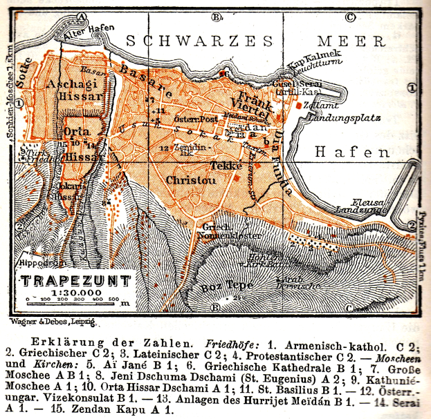 Ein detaillierter alter Stadtplan von Trapezunt, Deutschland, der Stra├čen, Geb├Ąude, Landmarken und begleitenden Text mit Informationen ├╝ber die Bev├Âlkerung, Stra├čen und Landmarken der Stadt zeigt.