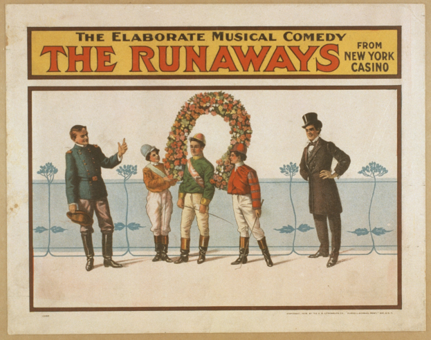 Plakat für die Musicalkomödie "Runaways" im New Yorker Casino, das eine Gruppe von Menschen in einer Reihe zeigt, wobei einer einen Blumenstrauß hält und der Text das Schauspiel beschreibt.