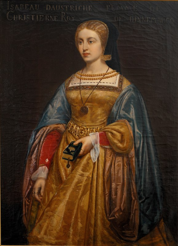 Gemälde von Isabella daustriche von Christierne Roy, das eine Frau in einem goldenen Kleid mit detaillierten Verzierungen zeigt, deren Haar zu einem ordentlichen Knoten gebunden ist, mit einem majestätischen und würdevollen Ausdruck von Serenität und Anmut.