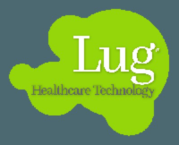Logo von Lug Healthcare Technology mit fetter schwarzer Schrift in der Mitte auf einem weißen Hintergrund, umgeben von einem blauen Kreis mit weißer Umrandung.